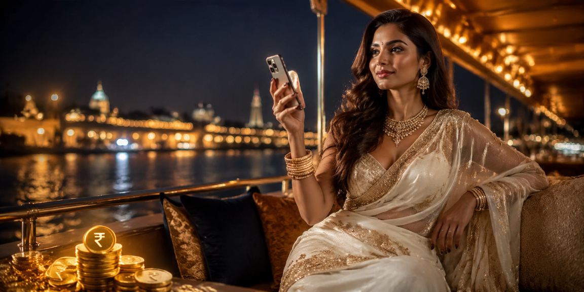 Woman celebrating with casino VIP bonus on Ahmedabad riverfront