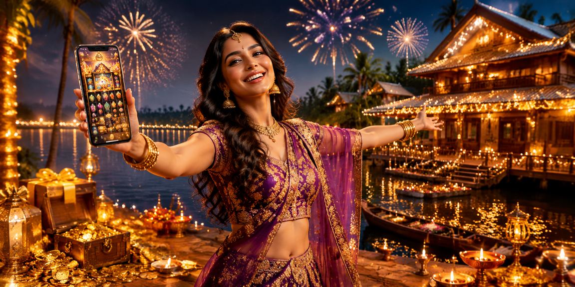 Kerala mobile casino with Diwali festival theme showcasing festive lights and casino games
